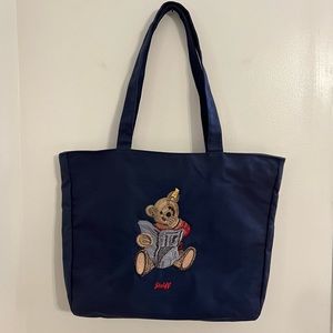 Vintage Steiff Canvas Tote Bag Embroidered Steiff Teddy Bear Zipper Closure Blue